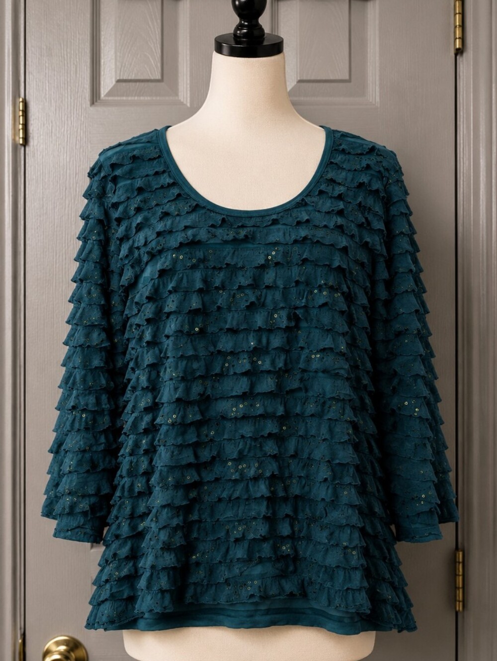Slinky Brand 3X Teal Sequin Ruffle Knit Top Plus Size Layered 3/4 Sleeve Blouse